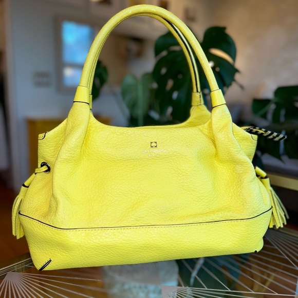 Kate Spade Bright Yellow Tote w/ Side Tassels and Striped Interior - Picture 4 of 10